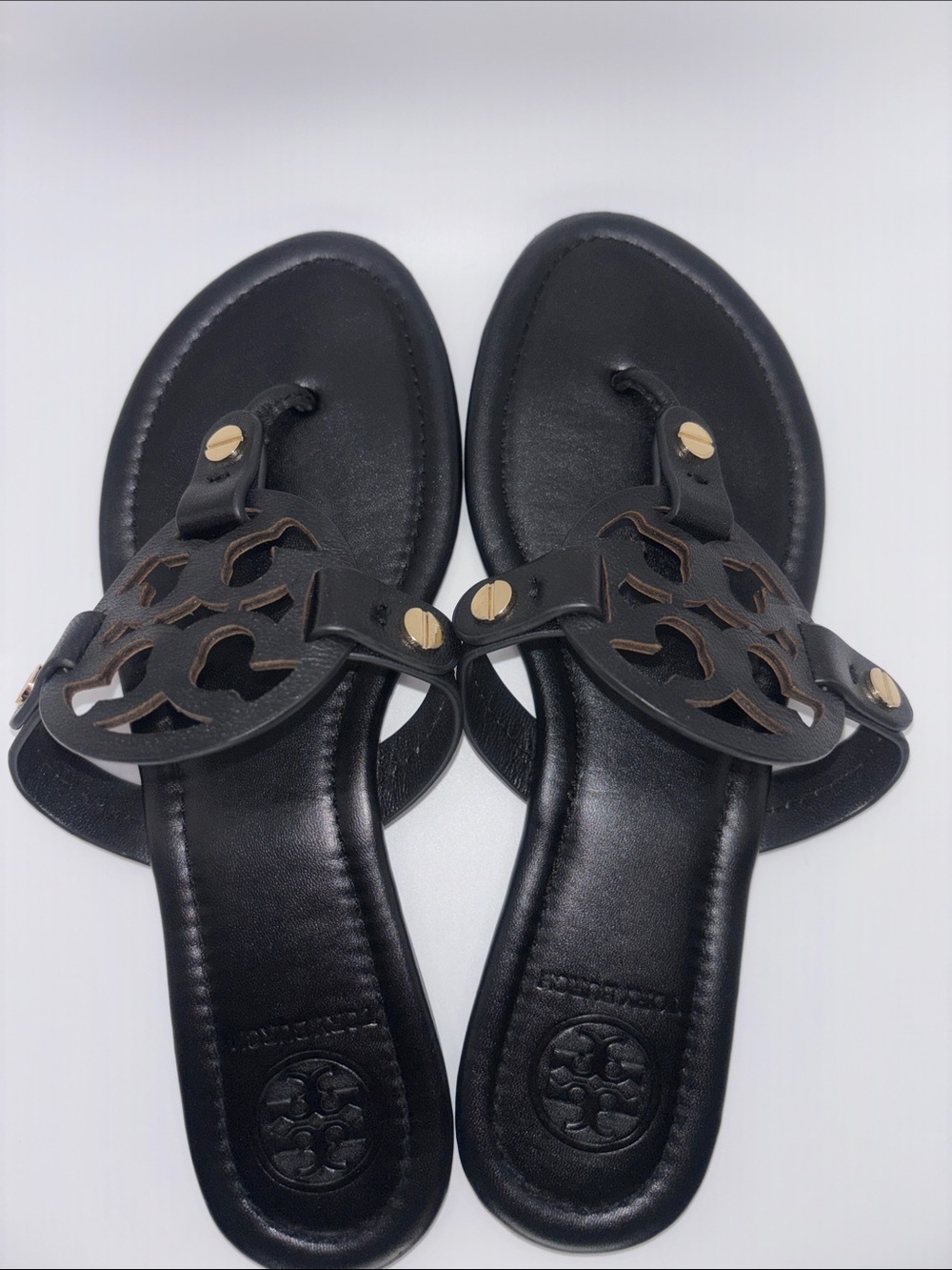 Tory Burch Miller Black Leather Logo Thong Sandals with Gold Accents - Picture 6 of 10